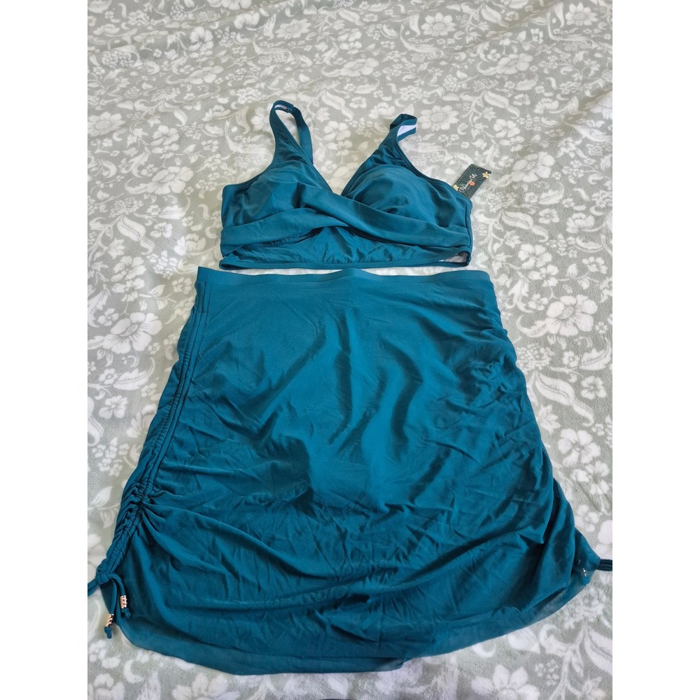 Blooming Jelly‎ Teal Two Piece Swimsuit Set Ruched Skirtini XXL NEW